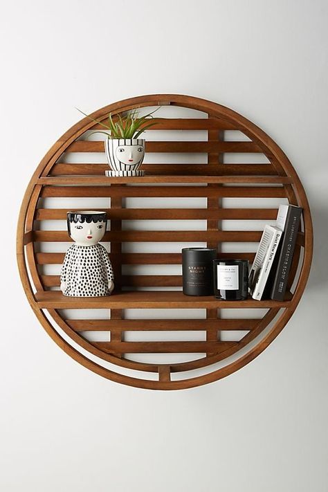 Unique Cabinets, Wooden Wheel, Wall Shelf Decor, Beautiful Storage, Wood Wall Shelf, Shelf Styling, Wall Storage, Wood Shelves, Glass Shelves