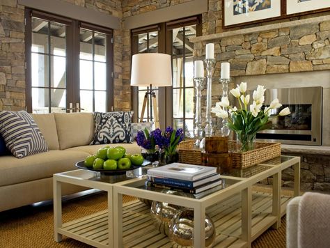 15 Designer Tips for Styling Your Coffee Table | Living Room and Dining Room Decorating Ideas and Design | HGTV Hgtv Dream Homes, Accent Table Decor, Large Coffee Table, Hgtv Dream Home, Table Decor Living Room, Cottage Living Rooms, Square Coffee Table, Large Coffee Tables, Table Styling