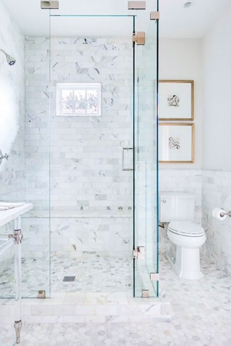 10 Walk-In Shower Ideas That Wow | Sarah Sarna | A Lifestyle Blog Frameless Glass Shower Enclosure, Marble Bathroom Floor, Styl Hampton, White Marble Bathrooms, Marble Floors, Glass Shower Enclosures, Bad Inspiration, Master Bath Remodel, Bathroom Floor Tiles