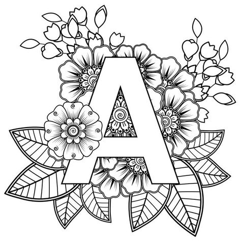 Letter A Drawing Design, A Letter Drawing Design, A Coloring Pages Letter, A Letter Drawing, Letter A Drawing, Letter A Coloring Pages, Mehndi Flower, Doodle Art Letters, Coloring Letters