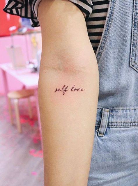 “Self love” Love Yourself Tattoo, Tattoo Placements, Inner Forearm Tattoo, Tato Henna, Self Love Tattoo, Quote Tattoos, Small Forearm Tattoos, Quote Tattoo, Tattoo Quotes For Women