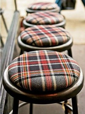 Plaid Decor, Upholstered Stool, The Design Files, Furniture Upholstery, Cabin Decor, Tartan Plaid, Stools, Tartan, Bar Stools