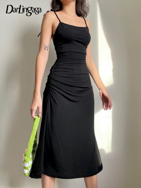 Backless Long Dress, Strap Dresses, Black Dress Outfits, Y2k Aesthetic Outfits, Party Summer, Ruched Midi Dress, Maxi Robes, Dinner Dress, Summer Party Dress