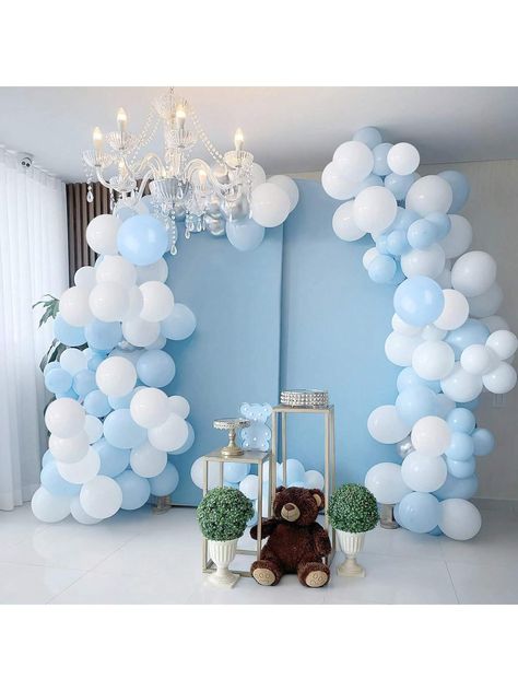 [Light Blue and White Balloons different sizes]Latex Matt Balloon Package (2pcs 18" white balloon + 2pcs 18" light blue balloon + 30pcs 12" light blue balloon+20pcs 12" white balloon + 20pcs 5" light blue balloon+10pcs 5" white balloon ), Whole Balloon Garland Accessories Kit (16ft long balloon strip tape + 100 dot glue +32ft silver ribbon).It help you make balloon garland or arch easier. [All-purpose Colors]Purchase this classical blue/ white balloons pack, your invulnerable choice of decoratin White And Blue Balloon Arch, Blue And White Balloon Arch, Blue White Balloon Garland, Blue And White Balloons, White Balloon Garland, Haldi Decoration Ideas, Haldi Decoration, Banner Drawing, Blue Balloon