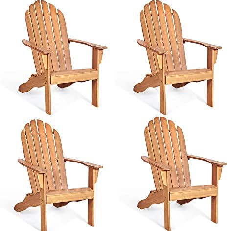 Giantex Adirondack Chair Outdoor Wooden W/Ergonomic Design Acacia Chair for Yard, Patio, Garden, Poolside and Balcony Adirondack Deck Lounge Chair Armchair (4, Natural) Deck Lounge, Deck Fire Pit, Wood Lounge Chair, Adirondack Chairs Patio, Fire Pit Chairs, Adirondack Furniture, Wood Adirondack Chairs, Outdoor Loungers, Balcony Deck