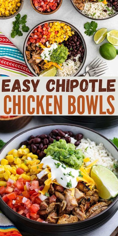 Enjoy your favorite chicken bowl with this simple Chipotle Chicken Bowls. Everyone can customize their bowl to their liking for the perfect meal. It does not get any easier than this copycat chipotle chicken bowl. Now, you can enjoy this delicious meal at home with very little work. The savings will really add up by making this yourself plus it tastes so delicious. #eatingonadime #chipotlebowls #easymeals Copycat Chipotle Chicken Bowl, Chicken Taco Bowl Recipe, Chipotle Chicken Copycat, Chicken Bowl Meal Prep, Copycat Chipotle Chicken, Chipotle Chicken Bowl, Chipotle Copycat Recipes, Chipotle Recipes Chicken, Chipotle Burrito Bowl