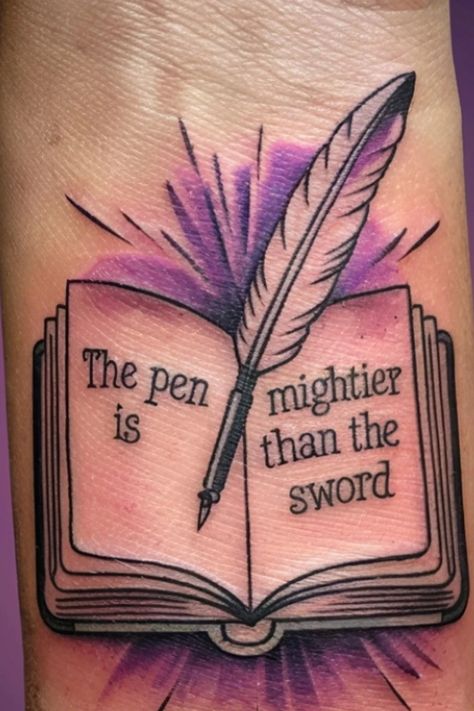 Open book tattoo with a quill, displaying the text "The pen is mightier than the sword". Small Wrist Tattoo Ideas, Women Tattoo Inspiration, Small Wrist Tattoo, Tattoo Ideas For Females, Artistic Tattoos, Bookish Tattoos, Ancient Scroll, Wrist Tattoo Ideas, Meaningful Design