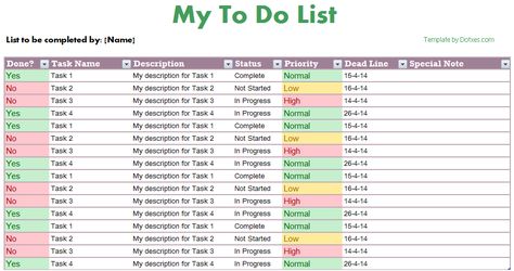 A simple to-do list template Excel To Do List Template, Excel To Do List, To Do List Excel Template, Project Task List Template, To Do List Excel, To Do List Example, Work Task List Template, Excel Task Management Template, Employee Task List Template