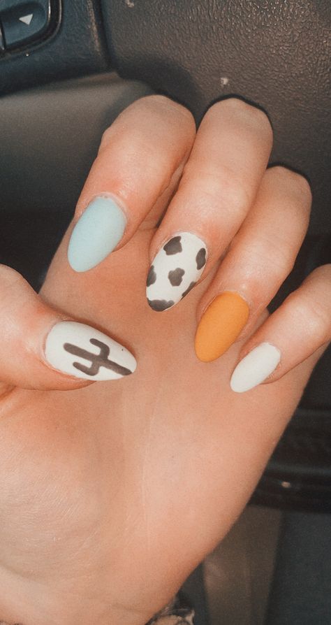 Orange Cow Print Nails, Country Acrylic Nails, Western Nails, Cow Nails, Acrylic Set, Almond Shape Nails, Cactus Design, Summery Nails, Orange Nails