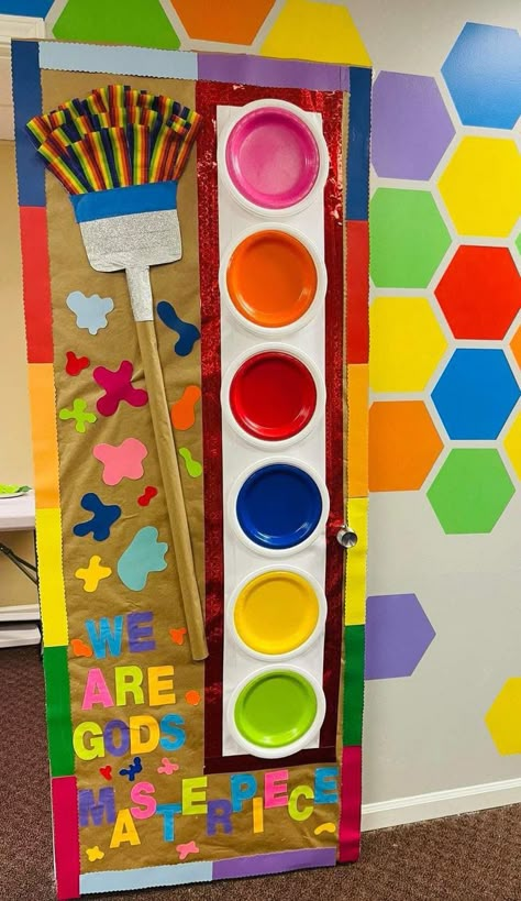 Shapes And Colors Classroom Door, We Are Gods Masterpiece Craft, Classroom Door Themes Elementary, Art Class Door Decorations, We Are Gods Masterpiece Bulletin Board, Art Room Door Ideas, We Are God's Masterpiece, Art Class Door Ideas, Gods Masterpiece Craft