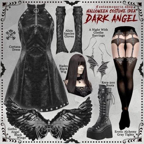 Halloween Sale is LIVE! 20% to 80% Discounts on EVERYTHING. Rise from the shadows as a Dark Angel and cast your wicked spell 🖤👼 Start with the stunning Cortana Dress, channeling that ethereal yet rebellious vibe. Add the Alien Species Gloves and lace up those badass Kera-200 Boots for a look that’s sure to leave an unforgettable mark. Complete your transformation with the Hades Black Wig, Erotic Alchemy Gray Tights, and the dramatic Gothic Angel Black Wings—because fallen angels always make t... Dark Angel Aesthetic Outfit, Cool Villain Outfits, Cortana Dress, Dark Angel Outfit, Fallen Angel Outfit, Angel Black Wings, Angel Aesthetic Outfit, Fallen Angel Costume, Shadow Wings