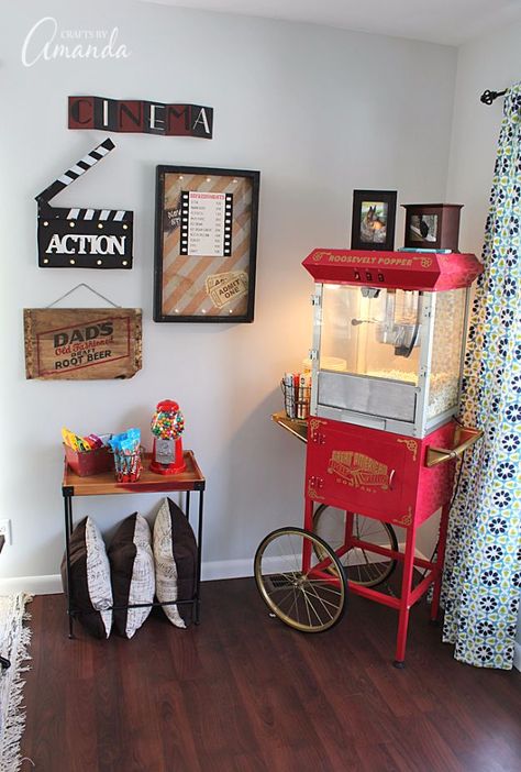 DIY Media Room Ideas - Popcorn Machine - Do It Yourslef TV Consoles, Wall Art, Sofas and Seating, Chairs, TV Stands, Remote Holders and Shelving Tutorials - Creative Furniture for Movie Rooms and Video Game Stations http://diyjoy.com/diy-media-room-ideas Media Room Decor, Theater Room Decor, Movie Theater Rooms, Tv Consoles, Movie Room Decor, Home Cinema Room, Family Room Makeover, Home Theater Decor, At Home Movie Theater