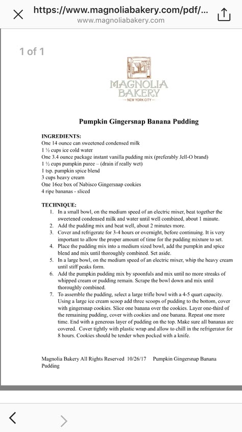 Apple Crisp Pudding Magnolia, Ginger Snap Banana Pudding, Magnolia Pudding Recipe, Magnolia Bakery Copycat Recipes, Magnolia Bakery Vanilla Cake, Magnolia Bakery Pudding, Pumpkin Spice Banana Pudding, Pumpkin Banana Pudding, Banana Pudding Magnolia Bakery