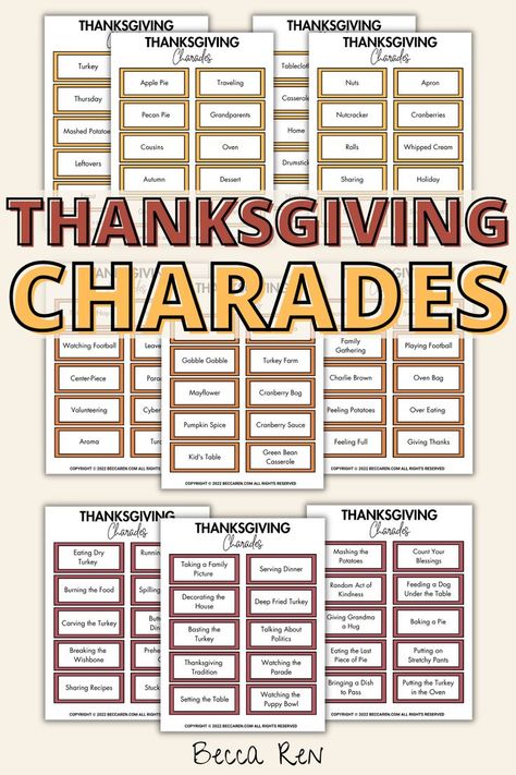 Thanksgiving Charades Charades For Adults, Thanksgiving Charades, Holiday Charades, Charades Words, Family Activities Kindergarten, Charades For Kids, Thanksgiving Games For Adults, Family Activities Preschool, Charades Cards