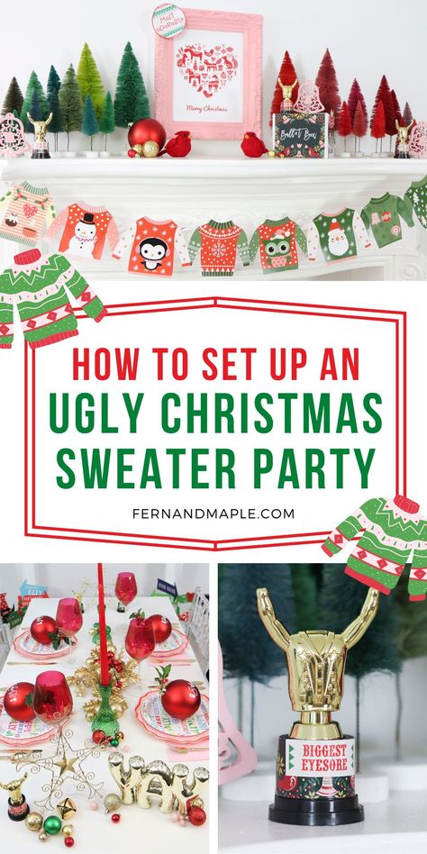 Get all of the inspiration you need for an Ugly Christmas Sweater holiday party - from mantle decor, to place settings, to fun photo booth props and awards for the ugliest sweaters - now at fernandmaple.com! Ugly Sweater Decorations, Ugly Christmas Sweater Party Ideas Decor, Ugly Sweater Party Food, Ugly Sweater Christmas Party Ideas, Ugly Sweater Party Decorations, Ugly Christmas Sweater Awards, Tacky Sweater Christmas Party, Creative Ugly Christmas Sweater, Christmas Ugly Sweater Party