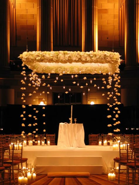 gorgeous wedding chuppah ideas for indoor weddings Winter Wedding Arch, Chuppah Ideas, Wedding Chuppah, Indoor Wedding Ceremonies, Wedding Ceremony Arch, Light Backdrop, Floating Flowers, Ceremony Backdrop, Jewish Wedding