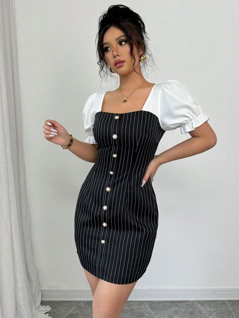 Women's Square Neck Black And White Striped Short Puff Sleeve Button Design Dress Black and White Elegant  Short Sleeve Fabric Colorblock,Striped Fitted Non-Stretch  Women Clothing, size features are:Bust: ,Length: ,Sleeve Length: Black White Striped Dress, Dress Black And White, Dress For Short Women, White Striped Dress, Striped Dress, Single Breasted, Square Neck, Dress Black, Color Blocking