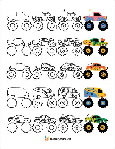 How To Draw Monster Truck, Monster Truck Doodle, Monster Truck Drawing Easy, Drawings With Shapes, Truck Doodle, Draw With Shapes, Monster Truck Drawing, Truck Drawing, Shapes Printable