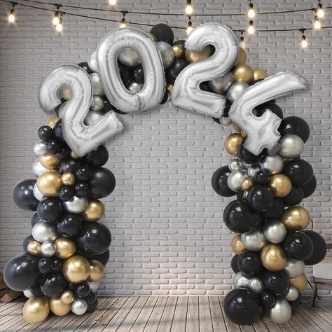 Black Gold Silver Balloon Arch, Black Gold Silver Balloon, Hollywood Graduation, Silver Balloon Arch, Nye Balloons, New Year's Eve Backdrop, 2024 Number, New Years Eve Party Ideas Decorations, Black And Gold Balloons