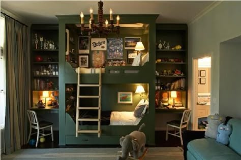 Offset Bunk Beds Diy, Built In Bunk Beds For Adults, Built On Bunk Beds, Bunk Beds Over Queen Bed, Green Built In Bunk Beds, Bunk Room Ideas Built Ins, Inbuilt Bunk Beds, Triple Bunk Built In, Built In Bunk Room Ideas