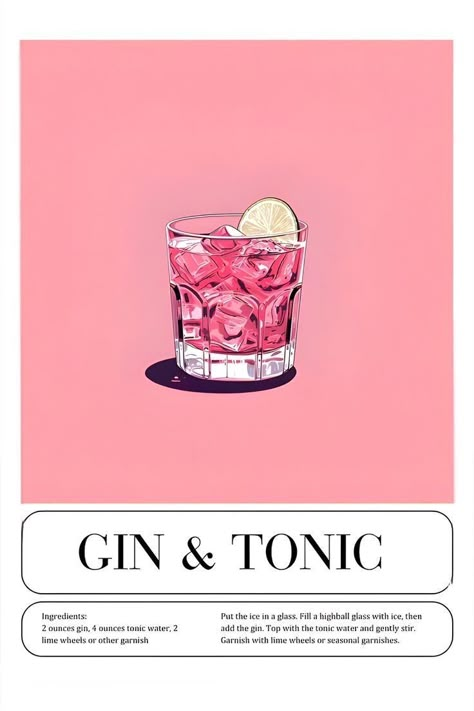 Food Tattoos, Cocktail Illustration, Retro Cocktail, Pink Gin, Vintage Poster Design, Cocktail Art, Gin Tonic, Art Collage Wall, Gin And Tonic