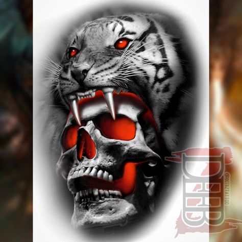 Tiger With Skull Tattoo, Skull And Lion Tattoo, Glowing Skull Tattoo, Lion Skull Tattoo Design, Tiger And Skull Tattoo, Headress Tattoos, Black And Grey Realism Tattoo Design, Sleeve Tattoos Black And Grey, Tiger Skull Tattoo