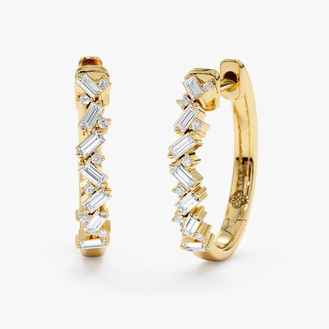 Upgrade your daily hoops to something more unique with intense sparkle! You'll feel like a million bucks each time you look in the mirror gazing into these brilliant and baguette cut natural diamonds. Expertly handcrafted by our goldsmiths, featuring a strong click closure to prevent you from losing one. Choose from classic yellow gold, sleek white gold, or romantic rose gold for a touch of timeless luxury. - Handmade  - Solid Gold - Natural Diamonds  - G Color, SI Quality Diamonds - Total Diamo Luxury Refined Baguette Cut Jewelry, Luxury Baguette Cut Single Diamond Earrings, Luxury Faceted Baguette-cut Jewelry, Luxury Teardrop Baguette Diamond Jewelry, Mirror Gazing, Diamond Hoop Earrings Large, Diamond Huggies, Timeless Luxury, Handmade Fine Jewelry