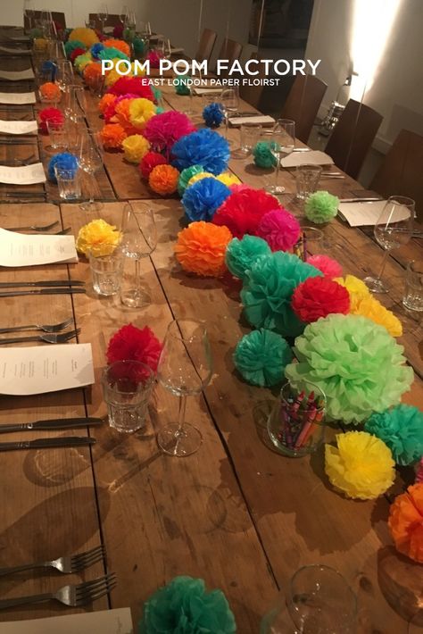 Tissue Paper Pom Poms Centerpiece Table Decorations, Pom Pom Table Decor, Pom Pom Party Decorations, Pompom Table Decorations, Colourful Party Ideas, Paper Pom Pom Garland, Pom Pom Table Decorations, Tissue Pom Pom Centerpieces, Pom Pom Table Runner