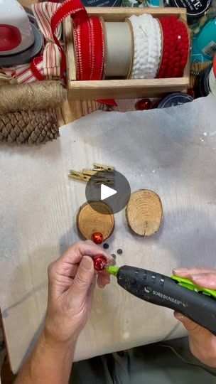 463K views · 2K reactions | Wood slice reindeer ornaments | Grab a couple of wood slices and mini clothespins and let’s make reindeer ornaments . Another quick and  easy Christmas project. Happy Crafting xo Billie | By Made Bayou | Let's make a few more Christmas
ornaments. Hi, I'm Billy with Made by You. This time I
started with two slices of wood. You can use oblong wood
slices. That works better. It's one way to use them, right?
We're always kind of weed those out and go for the round ones
but this way you can use the odd shape ones that you have in
your stash. Two red bells, some buttons for eyes and mini
clothespins. They are already painted gold so they will be
perfect antlers so I just started gluing everything on.
The red bells of course is the no bows. You can use regular
bells to Reindeer Wood Slice Ornament, Wood Slice Reindeer, White Pine Cone, Wood Cookies, Twine Bow, Wooden Reindeer, Wooden Slices, Reindeer Ornaments, Weird Shapes