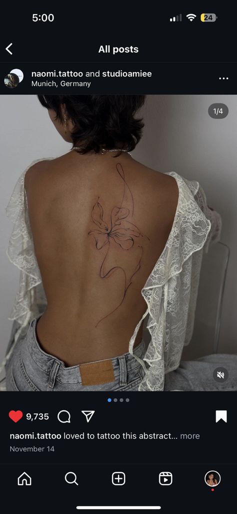 Spine Tattoo Linework, Fine Line Flower Tattoo Back, Fine Line Flower Spine Tattoo, Back Tattoos Fine Line, Whimsical Back Tattoo, Queen Elizabeth Tattoo, Fine Line Tattoo Behind Ear, Fine Line Back Tattoos, Spine Tattoos For Women Dainty