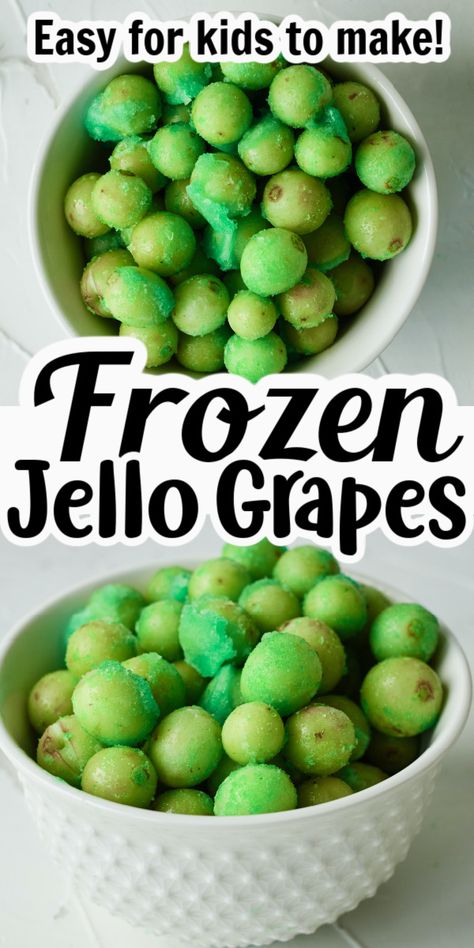 Frozen Jello Grapes are the perfect low calorie, healthy treat for the summer months! It is so easy to toss a  few handfuls of plump, juicy, seedless grapes together with your favorite flavor of gelatin. Add a little sugar and pop the jello coated grapes in the freezer over night and enjoy the next day! Kids love this fun and tasty treat! Grape Jello Dessert, Jello Grapes Frozen, Frozen Grapes Jello, Grape Jello Recipes, Grapes With Jello, Coated Grapes, Jello Grapes, Frozen Grapes Recipe, Frozen Jello