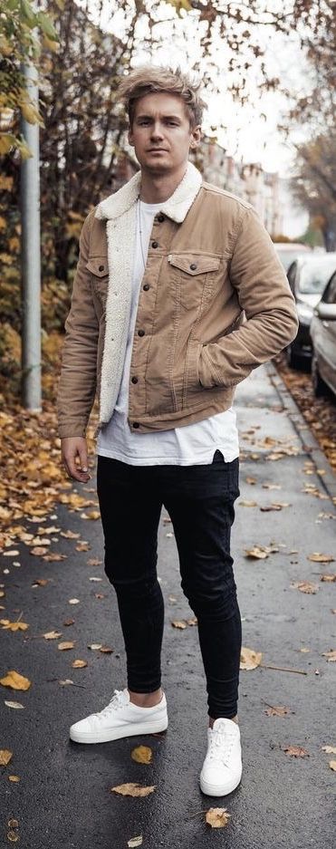 Shearling trucker jacket, white t-shirt, black jeans, white sneaker 1 Mens Brown Corduroy Jacket Outfit, Brown Sherpa Jacket Outfit Men, Fall Jackets Outfit Men, Brown Denim Jacket Outfit Men, Beige Denim Jacket Outfit, Brown Denim Jacket Outfit, Corduroy Jacket Outfit Men, Sherpa Jacket Outfit Men, Corduroy Jacket Outfit