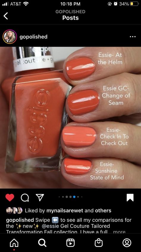 Grapefruit Nail Color, Opi Burnt Orange Nail Polish, Essie Gel Polish, Opi Orange Red Nail Polish, Peach Colored Nails, Essie Nail Polish Orange, Neon Peach Nail Polish, Paw Painting, Essie Gel Couture