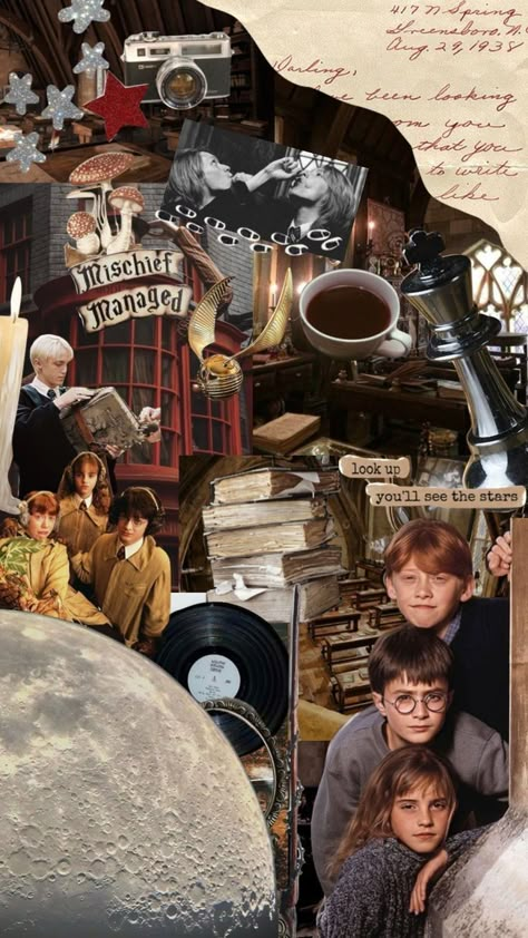 Harry Potter Shuffle, Harry Potter Wallpaper Harry Potter Wallpaper Aesthetic, Harry Potter Aesthetic Collage, Movie Collage Wallpaper, Movies Aesthetic Wallpaper, Hogwarts Moodboard, Hogwarts Collage, Movie Wallpapers Aesthetic, Vintage Collage Wallpaper