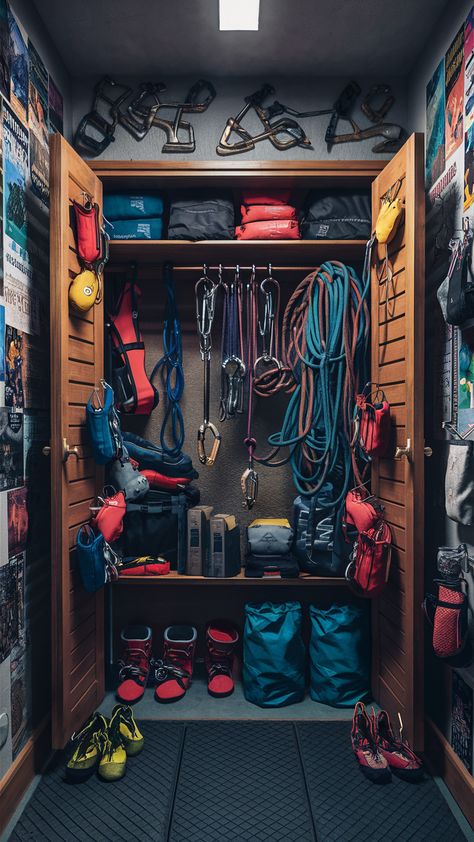 💰 Create a rock climbing gear closet on a budget with DIY solutions that don’t skimp on style or functionality. Use affordable materials and clever climbing gear storage hacks to keep your gear organized and your wallet happy. #RockClimbingGearCloset #ClimbingGearStorage #ClimbingOrganization Gear Closet Organization, Climbing Gear Storage, Climbing Gear Organization, Backpacking Gear Storage, Closet On A Budget, Container Garage, Gear Closet, Camping Gear Storage, Closet Idea