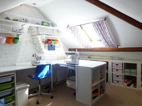 My new craft room in the loft/attic Playroom Renovation, Loft Attic, Craftroom Storage, Supply Organization, Craft Studios, Loft Inspiration, Peaceful Space, Ikea Expedit, Organize Craft Supplies