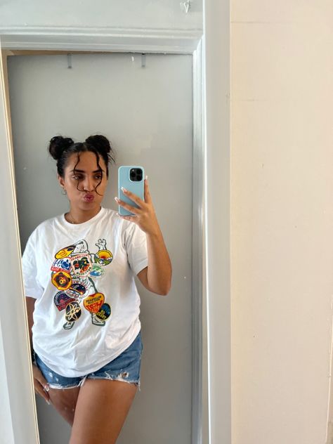 Billionaire boys t shirt, jean shorts, oversized men shirt, two buns, cute hair style, streetwear Oversized Tshirt And Jean Shorts Outfit, Two Buns, Jean Short Outfits, Photographs Ideas, Cute Hair, Men Shirt, Style Streetwear, Short En Jean, Oversized Shirt