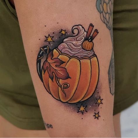 Fall Book Tattoo, Pumpkin Spice Tattoo, Fall Inspired Tattoos, Skin Artwork, Fall Tattoos, Half Sleeve Ideas, Designs For Tattoos, Goth Tattoos, Pumpkin Tattoo