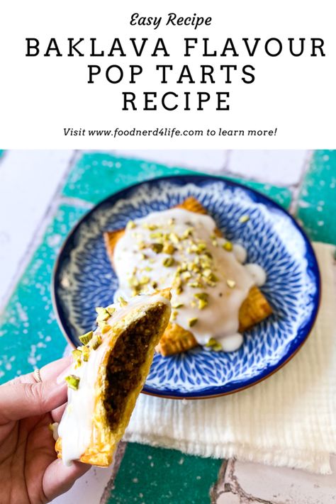 New Recipe - Baklava Pop Tarts! Crispy buttery pastry, pistachio and cinnamon frangipane filling with a classic icing topping and pistachio shard topping. A delicious way to start the day with a strong coffee for this grown-up take on the classic Pop-Tarts. . . . . #baklava #poptarts #poptartrecipe #baklavarecipe #baklavaathome #pistachio #pistachiolovers #pistachiorecipes #pastry #breakfastpastry #breakfastideas Pie Crust Pop Tarts, Recipe For Baklava, Savory Pop Tarts, Pop Tart Recipe, Group Breakfast, Pop Tarts Recipe, Waffle Ideas, Morning Treats, Poptart Recipe