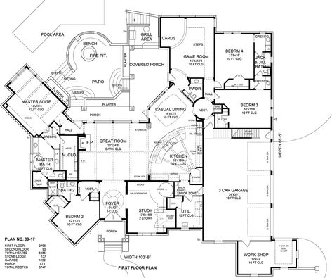 House Plan 39-17 | Belk Design and Marketing LLC Rustic Craftsman House Plans, Luxury Ranch House Plans, Large Country House, 1 Story House, Luxury Ranch, First Floor Plan, Indoor Balcony, Rustic French Country, Bathroom Floor Plans