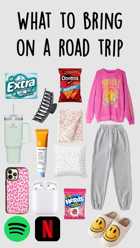 Road-trip essentials Outfits For A Road Trip Summer, Snack Ideas Road Trip, Car Ride Essentials Road Trips, Rode Trip Outfit, 5 Hour Road Trip Essentials, What To Do In The Car On A Road Trip, Road Trip Bag Essentials, 3 Hour Road Trip Essentials, 10 Hour Road Trip Essentials