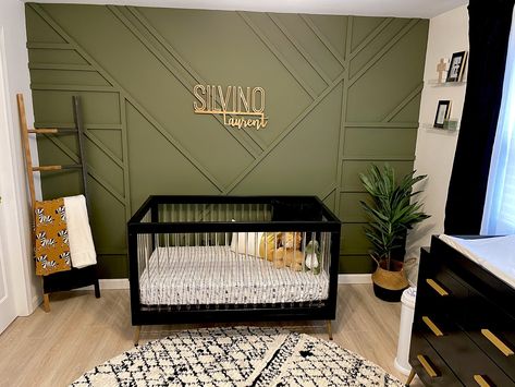 Black Crib, Letter Nursery Decor, Black Nursery, Baby Room Inspiration, Baby Boy Room Nursery, Green Nursery, Nursery Room Inspiration, Name Wall Art, Nursery Baby Room