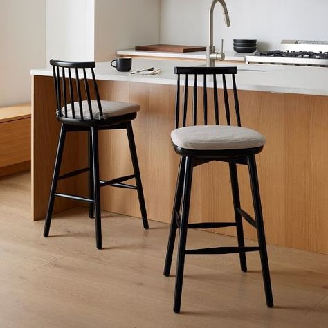 Modern Bar Stools & Counter Stools | West Elm Black Bar Chairs, Thrift Repurpose, Kitchen 2025, Upper West Side Apartment, Black Counter Stools, Oak Bar Stools, Round Seat Cushions, Modern Counter Stools, Stool Cushion