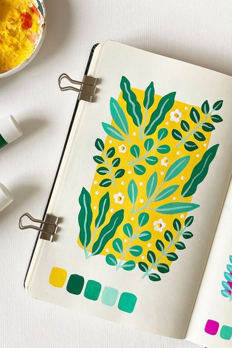 Acrylic Pattern Painting, Acrylic Gouache Paintings, Gouache Doodles, Art Inspo Sketchbooks Sketch Books, Himi Gouache Art, Sketchbook Painting Ideas, Gouache Art Inspiration, Paint Markers Art, Guache Art Gouache Painting