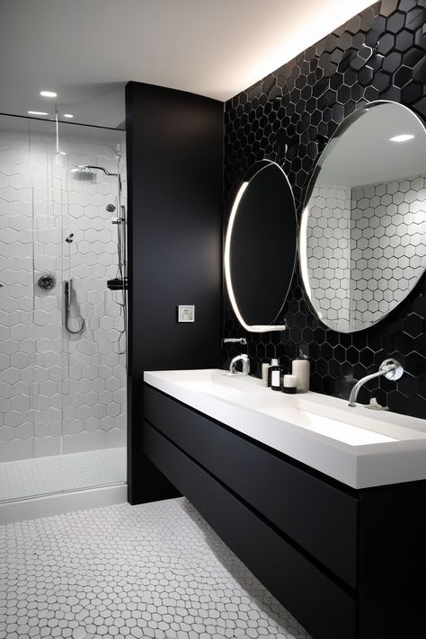 Black and white bathroom ideas can create a timeless and elegant look. Start with classic black and white tiles, like a checkered floor or subway tiles, to establish a strong foundation. Use white walls to keep the space feeling open and bright, then add black fixtures and hardware for a sleek contrast. Black And White Toilet Ideas, White And Black Floor Tile Bathroom, White And Black Marble Bathroom, Toilet Design Black And White, Black And Withe Bathroom Ideas, Black And White Modern Bathroom, Black And White Washroom Tiles, Black White Mosaic Tile Bathroom, Octogon Tiles Bathroom Black And White