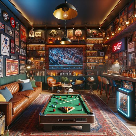 Walk into an appealing man cave radiating both masculinity and comfort. A wall-mounted large TV bordered with sports memorabilia, a classic pool table, mini fridge packed with drinks, and cozy leather couch await. Beanbags or vintage arcade games, warm accent lights, high-tech sound system and a mini bar compose the background view. #mancave #interiordesign #homedecor #gameroom #mancavedesign #hometheater Games Room Pool Table, Vintage Games Room, Basement Ideas With Pool Table, Cozy Leather Couch, Pool Table Aesthetic, Vintage Sports Bar, Sports Memorabilia Room, Man Cave Design, Basement Redo