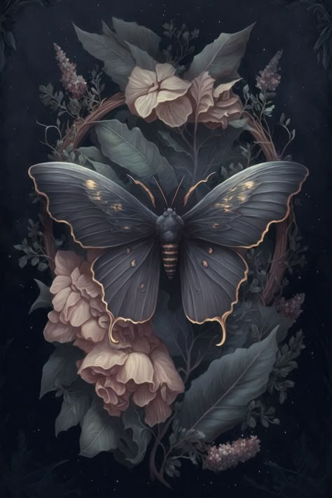 ArtStation - Soft Botanical Gothic Moth Painting v1 Gothic Floral Painting, Moth Art Illustration, Soft Gothic Aesthetic, Gothic Art Painting, Witchy Images, Botanical Gothic, Gothic Botanical, Moth Aesthetic, Wallpaper Backgrounds For Iphone