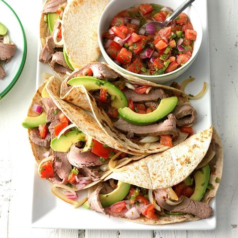 Zesty salsa and tender strips of meat make these air-fryer steak fajitas extra special. —Rebecca Baird, Salt Lake City, Utah Mexican Dinner Ideas, Chef Bae, Steak Fajita Recipe, Cultural Food, Air Fryer Steak, Fajitas Recipe, Air Fryer Fish, Dinner Rotation, Popcorn Shrimp