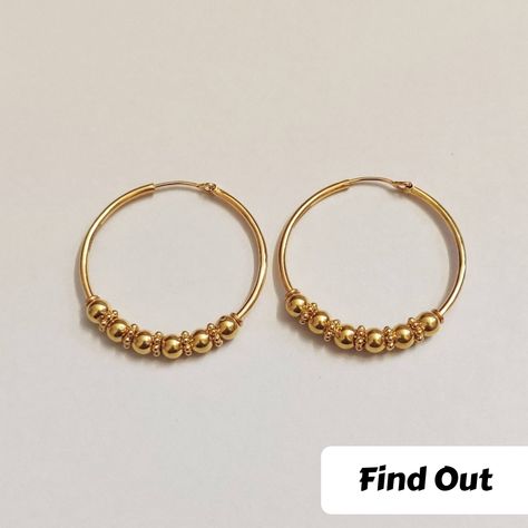 [Promotion] 69K Hallmarked Gold Hoops, Indian Gold Hoops, Rajasthani Ball Hoops, Large Size Hoops, Classic Gold Hoops, Gold Earrings, Gold Jewelry Handmade Classic 22K Solid Gold Hoops Decorated With Tiny Multiple Balls, A Forever Design And A Classy Look Gold Hoops For Your Daily Wear As Well Shine In Your Party. Metal: 22K Hallmark Gold ( Tested In Indian Lab) Size: 36Mm Round Wire Goes In Ear: 0.7Mm (Normal Piercing) Weight Of Gold : 6 Gram Nearly A Oair #dailyweargoldearringsforwomen Indian Hoop Earrings Gold, Cheap Gold Chandbalis For Women, Gold Earrings Designs Simple Daily Wear, Earring Gold Hoop, Gold 22k Jewelry, Earrings Rings Hoop Gold, Earrings For Daily Wear Gold, Daily Gold Jewelry, Ear Rings For Women Daily Wear Gold