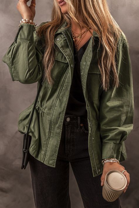 $18.35 Moss Green Snap Button Zipper Tight Waist Collared Jacket Wholesale Collared Jacket, Normal Body, Long Sleeve Jacket, Sleeve Jacket, Long Sleeves Jacket, Moss Green, Green Jacket, Polished Look, Outerwear Women